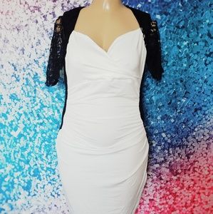 Black White Ruched Lace Illusion Plus Dress